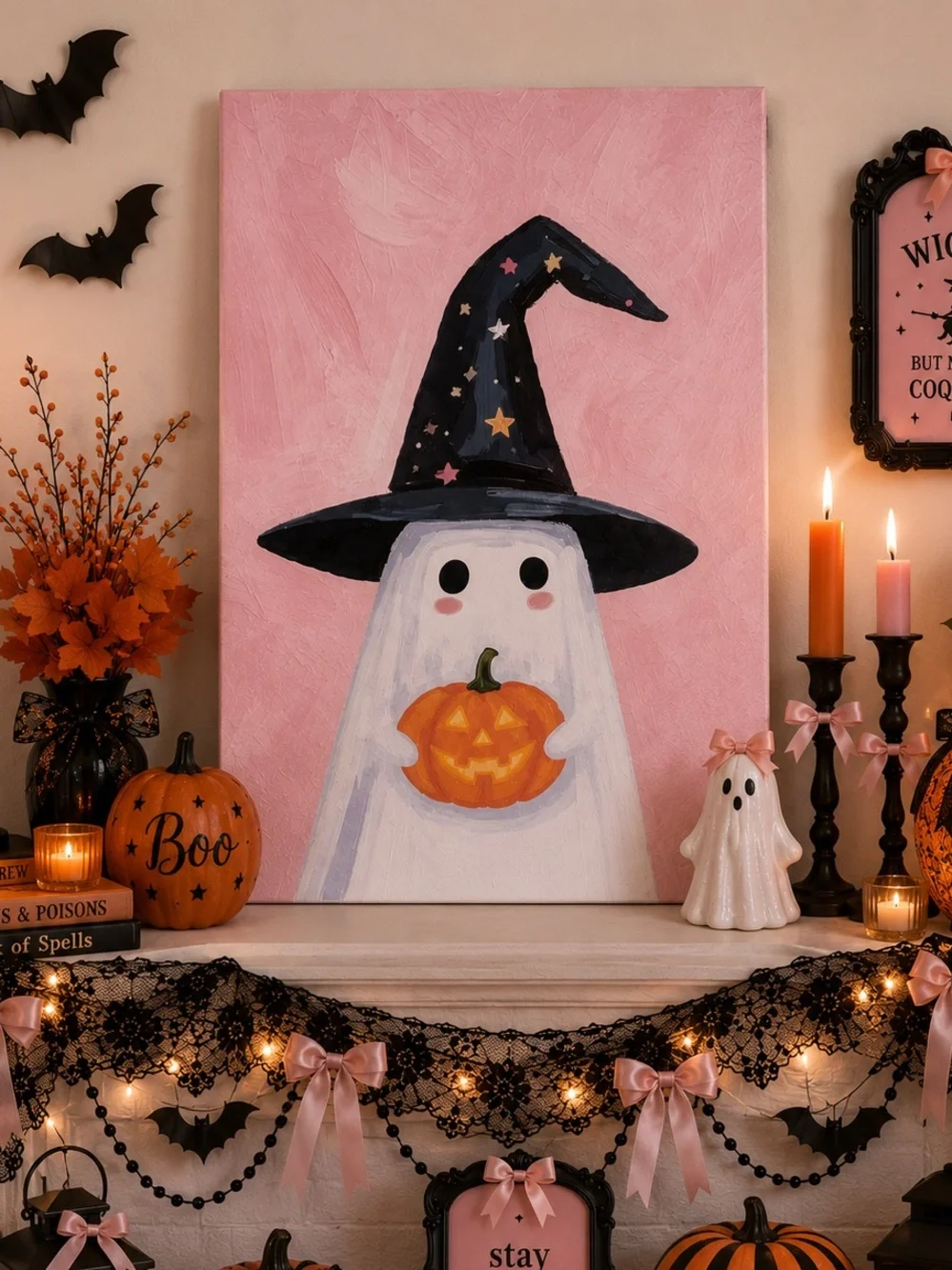 Halloween Ghost Canvas Print | Pink Coquette Wall Art | Witch Hat Pumpkin Preppy
